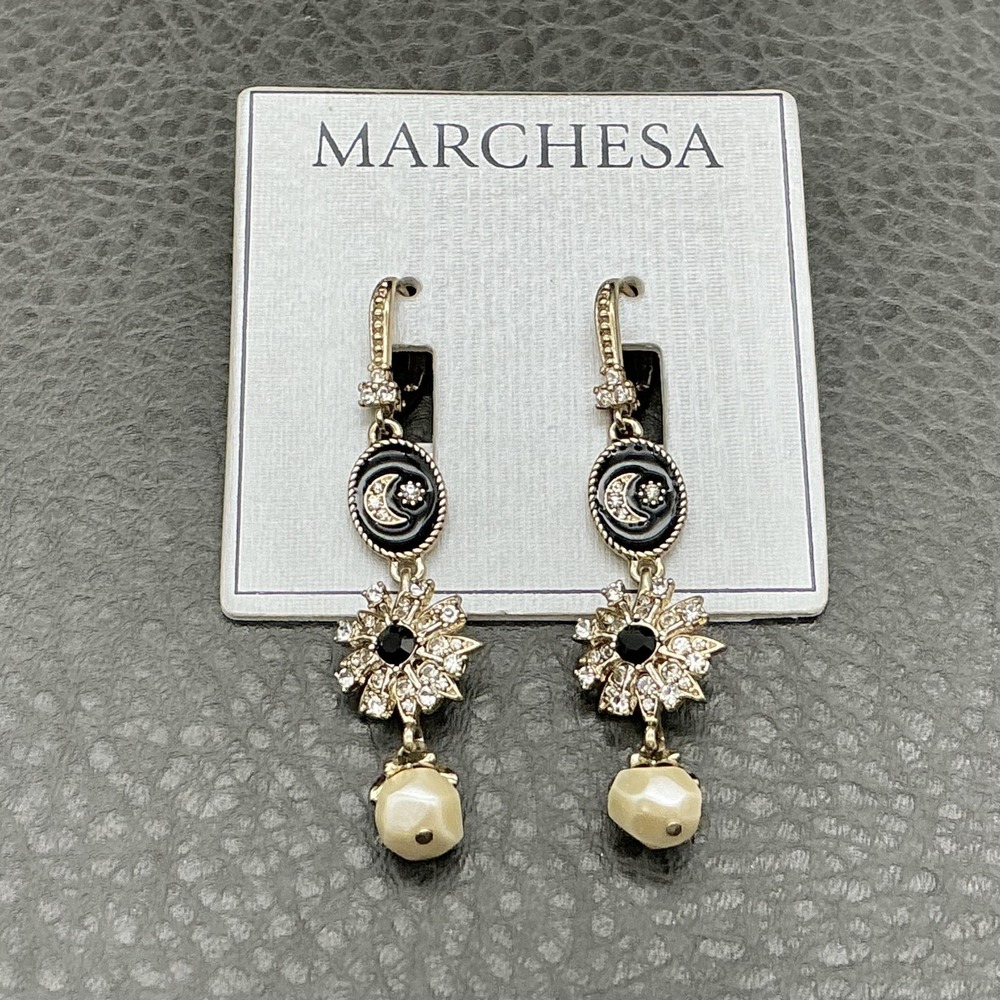Marchesa Earrings Gold‎ Tone Crystal Moon Star Flower Dangle Drop Womens Jewelry
